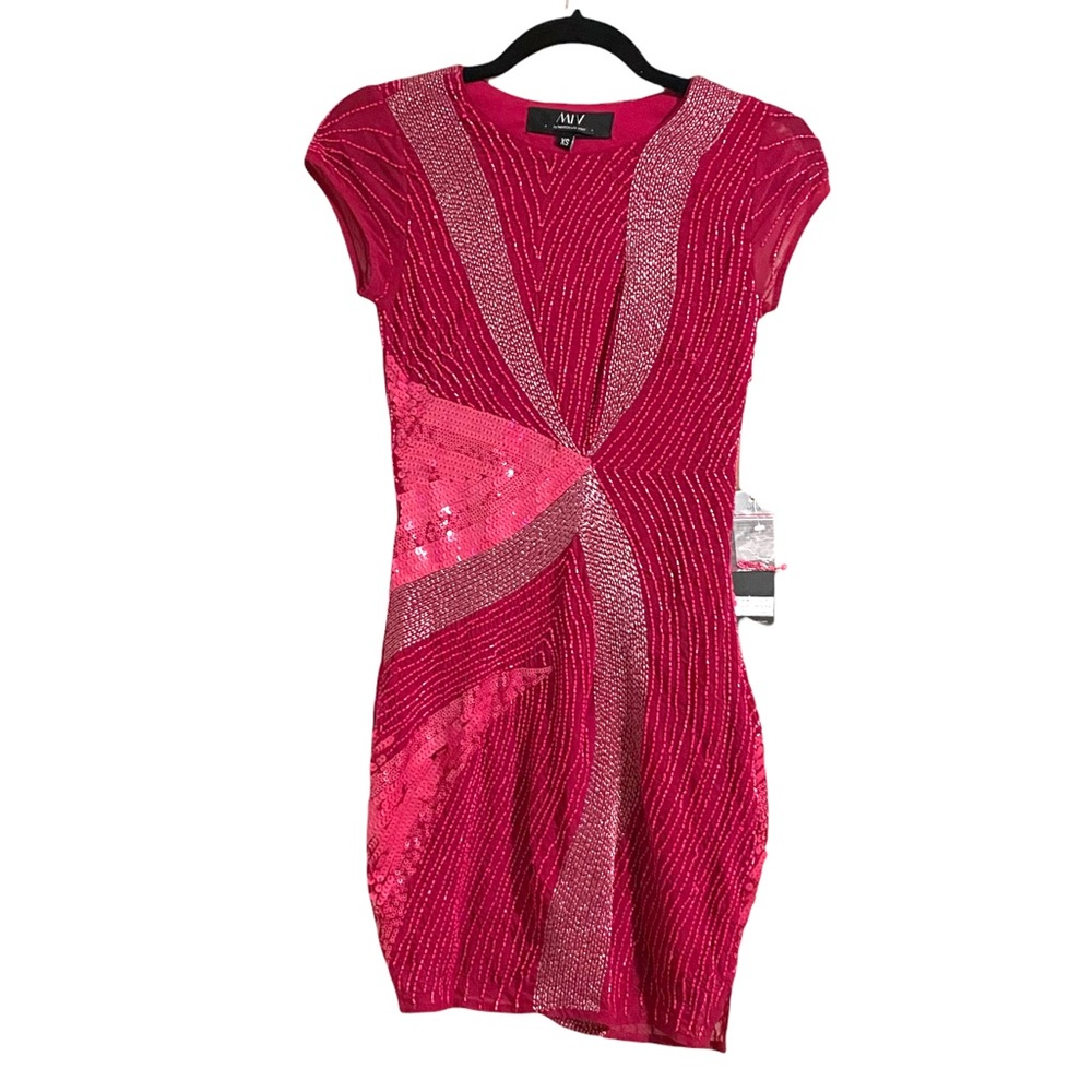 MLV Magenta Abstract Beaded Mini Dress